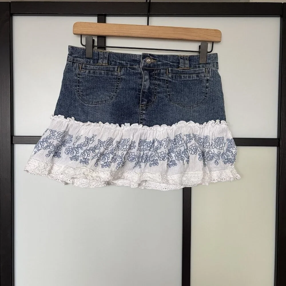 Vintage Y2K‎ Candies Tiered MINI Denim Skirt Sz 14 Teen Boho Western Cowgirl